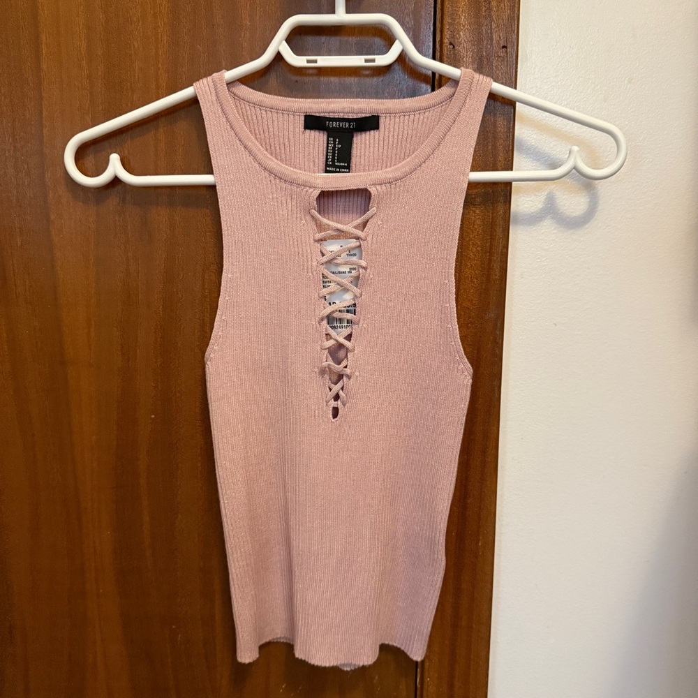 Forever 21 Pink Criss Cross Lace Up Keyhole Sleeveless Ribbed Knit Top